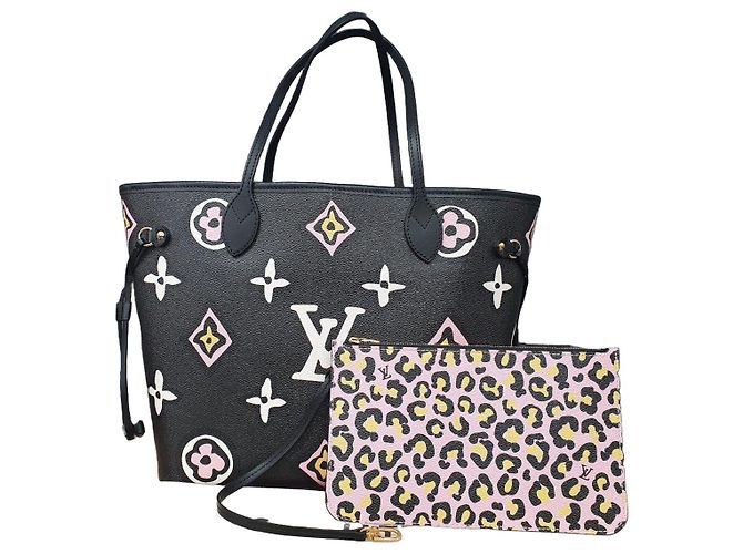 Louis Vuitton Neverfull MM Shopper in pelle Nero Rosa Stampa leopardo