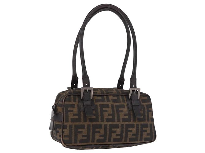Borsa a Spalla FENDI Zucca Canvas Nero Marrone Auth 185459