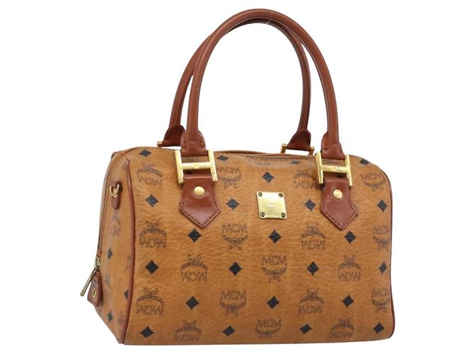 Bolsa de Mão MCM Vicetos Logogram PVC Couro Marrom Ouro Auth 185091 Dourado