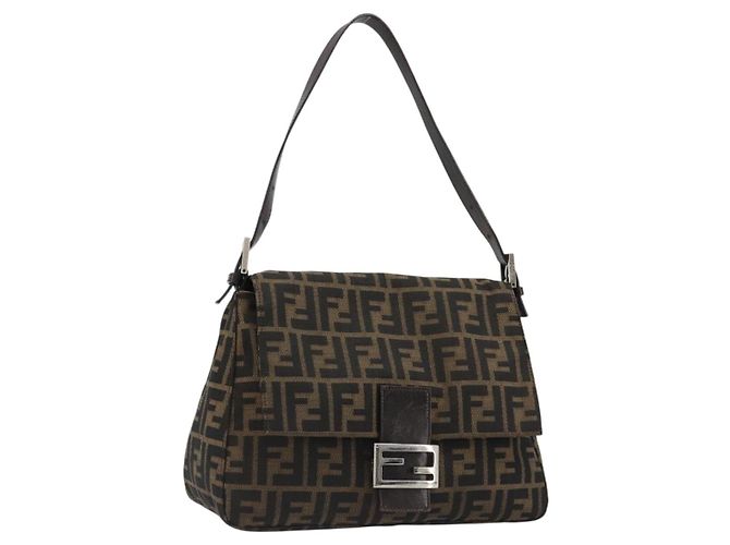 FENDI Zucca Canvas Mamma Baguette Shoulder Bag Black Brown Auth 184905SAM Marron Noir