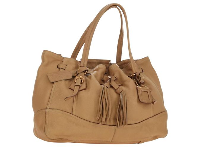 Bolsa Tote PRADA de couro bege dourado Auth 184582V