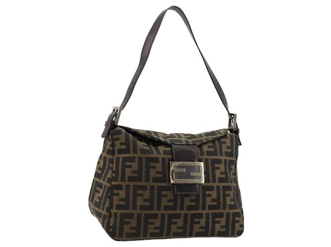 FENDI Zucca Canvas Mamma Baguette Shoulder Bag Black Brown Auth 184555SAM