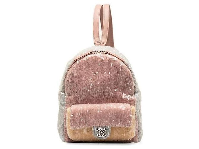 Chanel sequin and leather backpack Pink Beige Grey