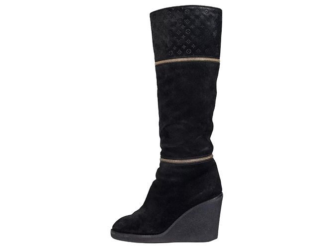 Louis Vuitton Black Suede Wedge Ankle Boots - Size 38.5 Pre-owned