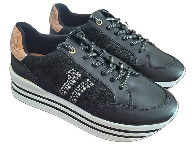 Autre Marque Schwarze Leder-Sneaker mit Strasssteinen