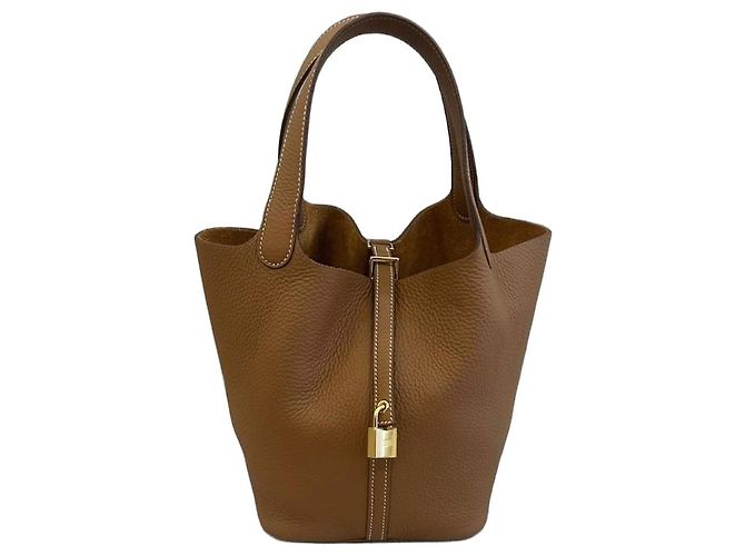 Hermès Picotin Lock 22 Bolsa couro Clémence Gold Marrom