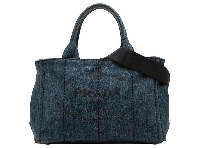 Prada Canapa Triangle Logo Plate Tote Bag Blue