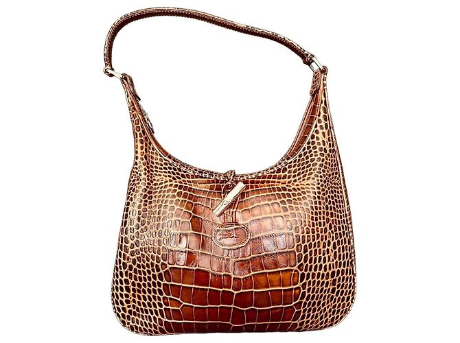 Bolsa de mão Longchamp em couro com efeito croco marrom