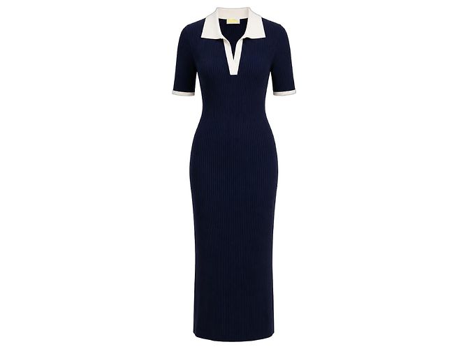 Autre Marque From Future Merinowolle Maxi-Kleid gerippt - Navy & Ivory Weiß Dunkelblau
