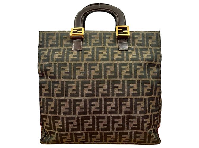 Bolsa de mão em couro e lona Zucca Fendi Marrom Preto Caqui