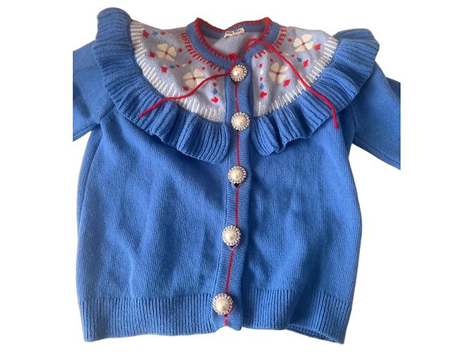 Miu Miu Cardigan in Blau mit Rüschen und Perlenknöpfen