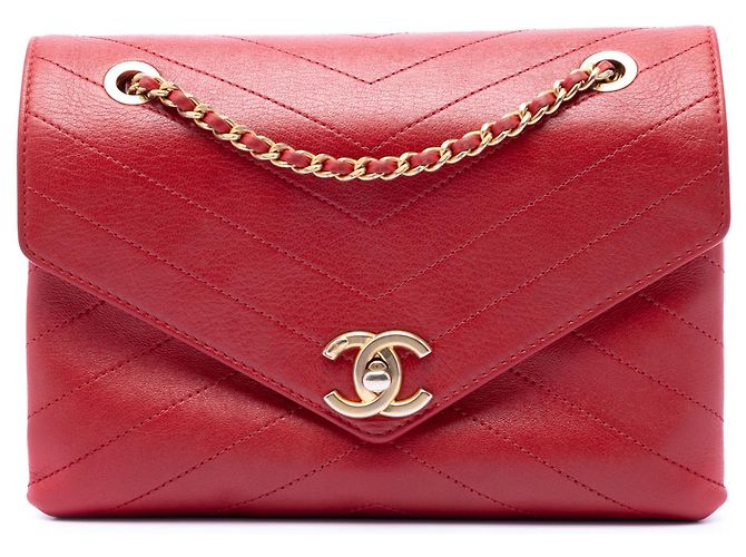 Chanel Red Small CC Chevron Calfskin Envelope Flap Vermelho