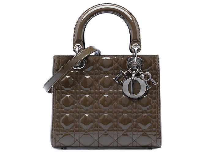 Lady Dior Cannage en cuir verni marron taille Medium Kaki