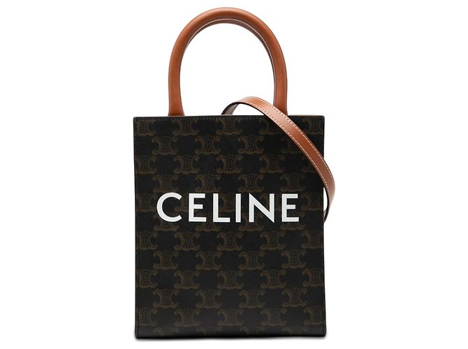 Céline Celine Brown Mini Triomphe Coated Canvas Vertical Cabas Satchel Marrone Marrone scuro