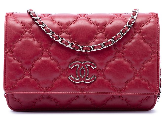Chanel Red CC gestepptes Kalbsleder Double Stitch Hamptons Wallet on Chain Rot