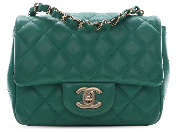 Chanel Green Mini Square Classic Lambskin Single Flap Grün