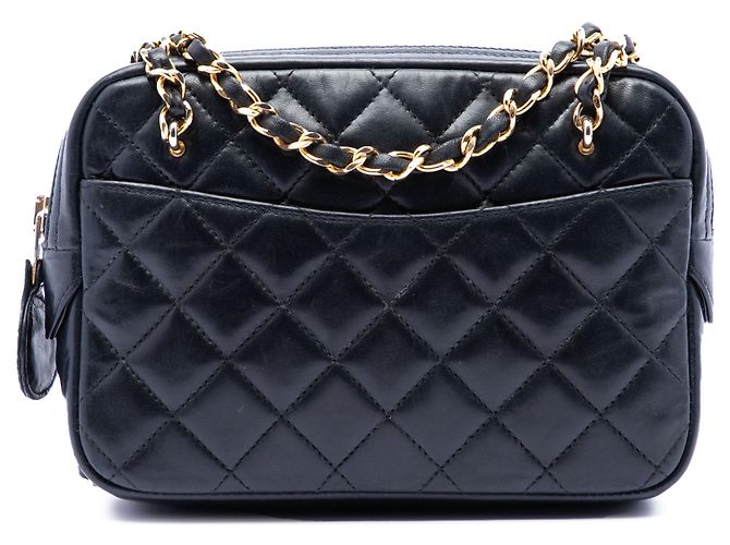 Camera Bolsa de câmera Chanel Black Mini CC em pele de cordeiro acolchoada com bolso e corrente Preto