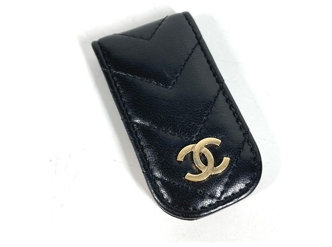 Chanel CC Coco Mark Logo Leather Money Clip Black