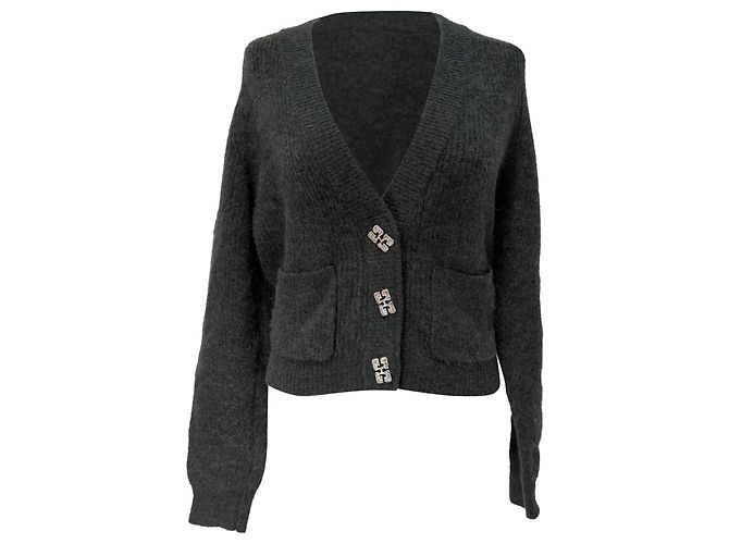 Ganni Cardigan mit V-Ausschnitt aus grauer Wolle