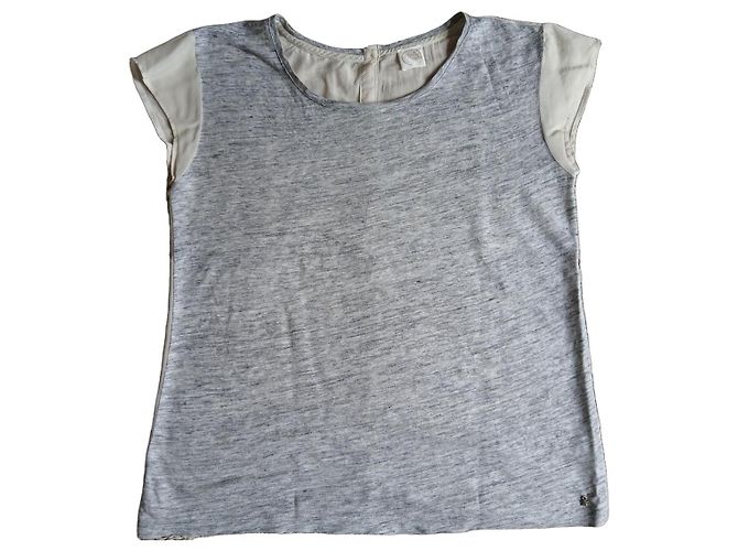 Des Petits Hauts T-shirt de lin e seda cinza e creme Cru