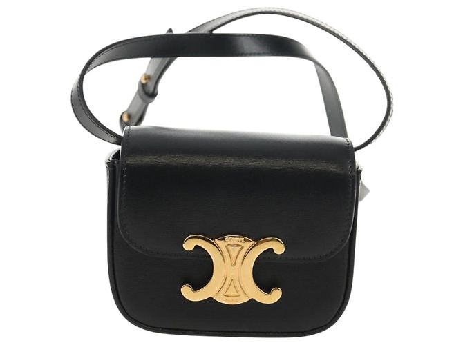 Céline CELINE Mini Triomphe Shoulder Bag Leather Black Gold Auth TR156 Golden