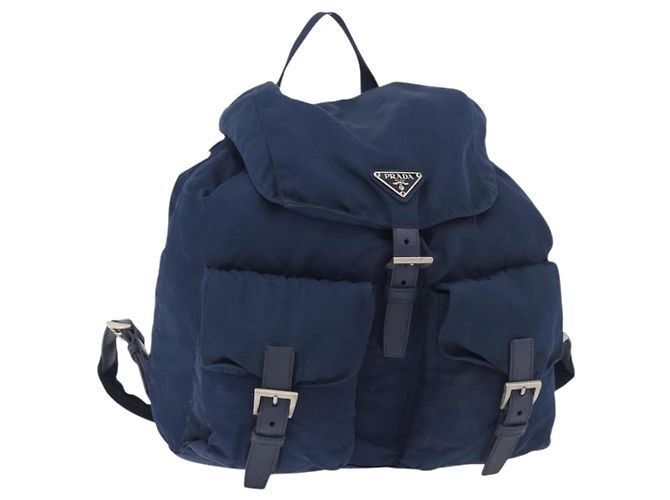 PRADA Backpack Nylon Navy Silver Auth 161363 Silvery Navy blue