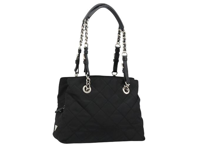 Borsa a Spalla con Catena PRADA Nylon Nero Argento Auth 184635V