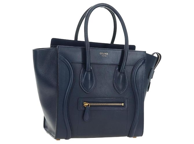 Céline Borsa CELINE Luggage Micro Shopper in pelle blu navy e oro Auth 184734V D'oro
