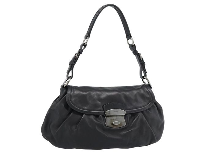 PRADA Shoulder Bag Leather Black Silver Auth 185477SAV Silvery