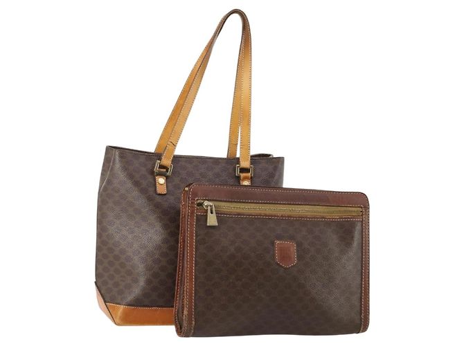 Céline Clutch CELINE Macadam Canvas PVC Pelle 2 Set Marrone Auth ti3985