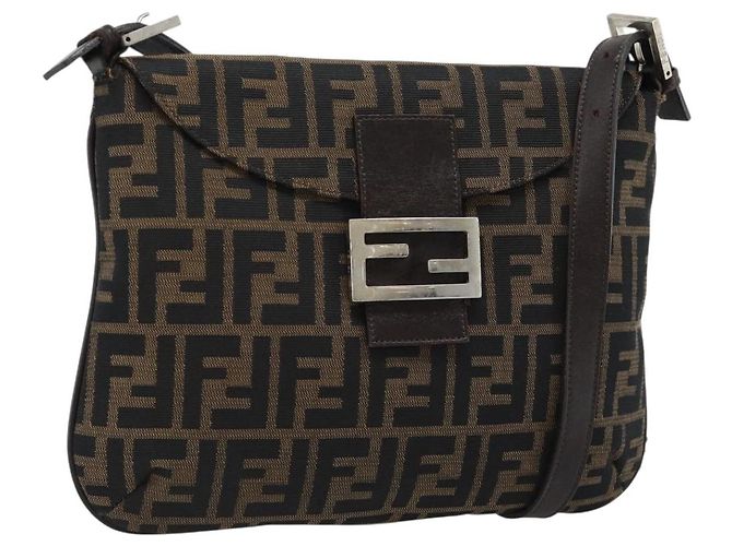 FENDI Zucca Canvas Mamma Baguette Shoulder Bag Black Brown Auth 185075V