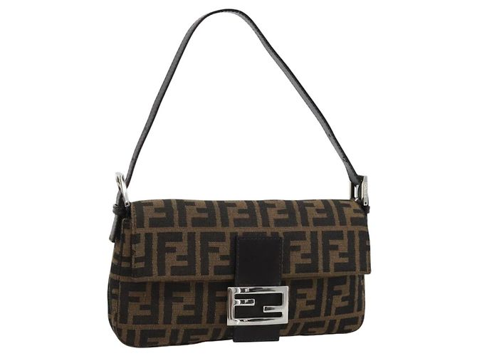 FENDI Zucca Canvas Mamma Baguette Shoulder Bag Black Brown Auth 185659SAM Marron Noir