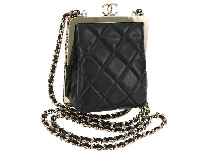 CHANEL Pochette à bandoulière Chain Evening Bag en peau d'agneau Noir Or CC Auth 184385SV Doré