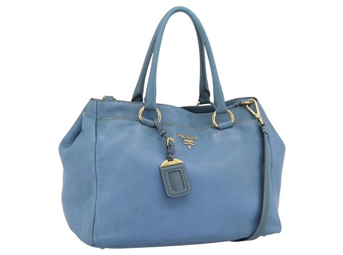 Bolsa Tote PRADA de couro 2way Azul Ouro Auth 185152A Dourado