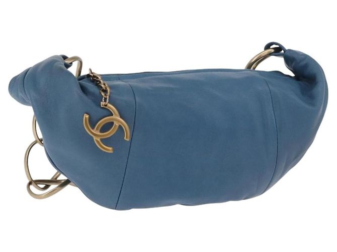 Bolsa de Alça de Corrente CHANEL em Pele de Cordeiro Azul e Ouro CC Auth 185410SAM Dourado