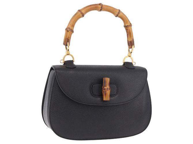 Borsa a mano GUCCI Bamboo in pelle nera e oro Auth 183361V Nero D'oro