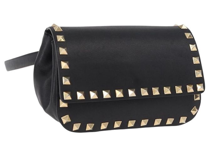 VALENTINO Studs Gürteltasche Leder Schwarz Gold Auth BA13324A Golden