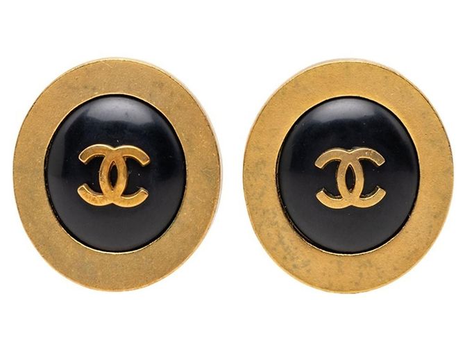 Orecchini tondi vintage Chanel Coco Mark Nero D'oro