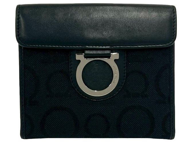 Gancini Cartera de dos pliegues negra Salvatore Ferragamo