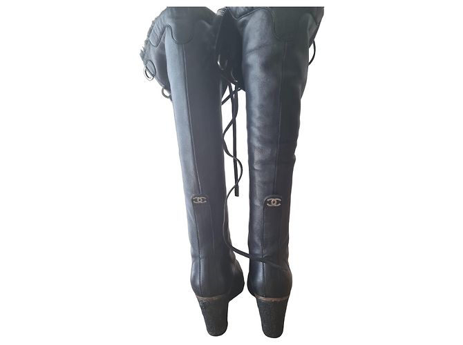 Chanel Black Leather Fur-Lined Wedge Boots