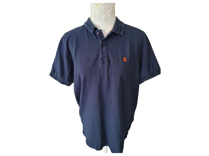 Hermès Polo in cotone blu navy con logo H arancione Blu scuro