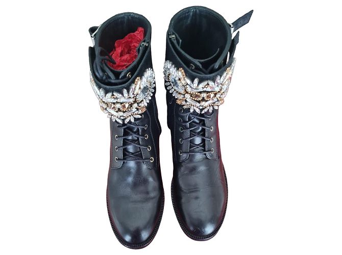 Rene Caovilla Black leather boots adorned with Swarovski crystals