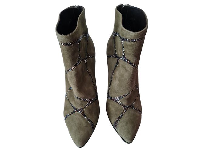 Rene Caovilla Olive green suede ankle boots adorned with crystals Brown
