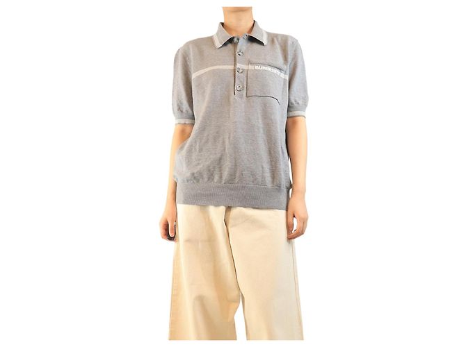 Burberry Graues Strick-Poloshirt mit kurzen Ärmeln - Größe L