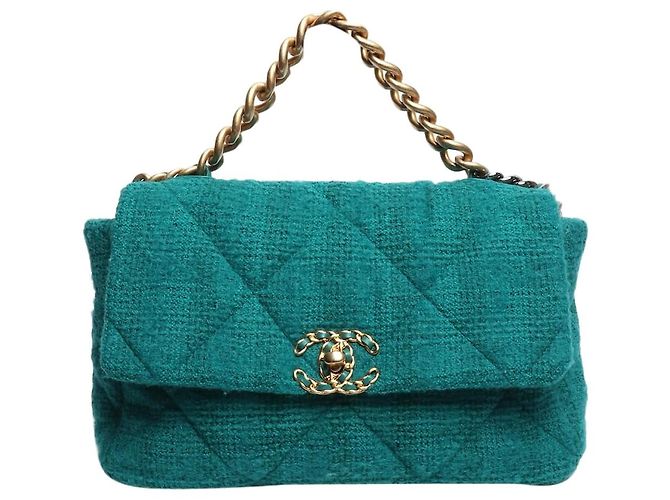 Chanel Bolsa de ombro 19 em tweed acolchoado teal 2019 Verde