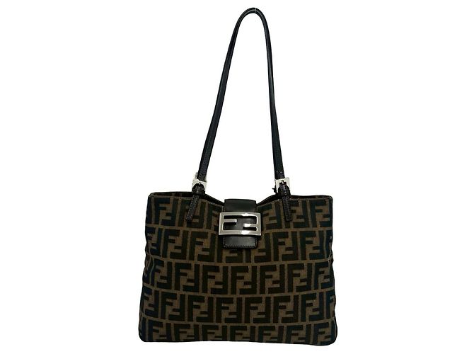 FENDI Vintage Zucca FF Pattern Canvas Leather Shoulder Bag Brown Black