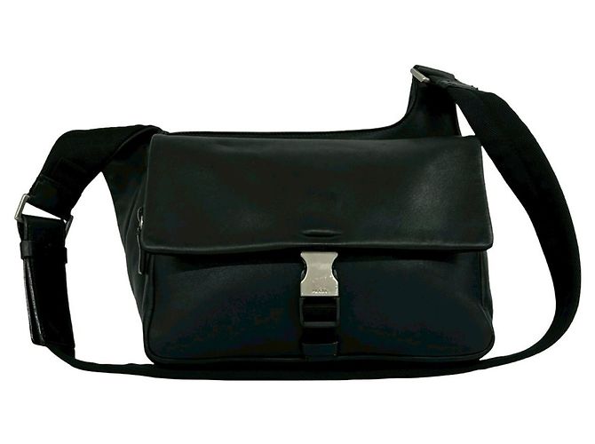 Borsa a tracolla in pelle nera e nylon Prada Nero