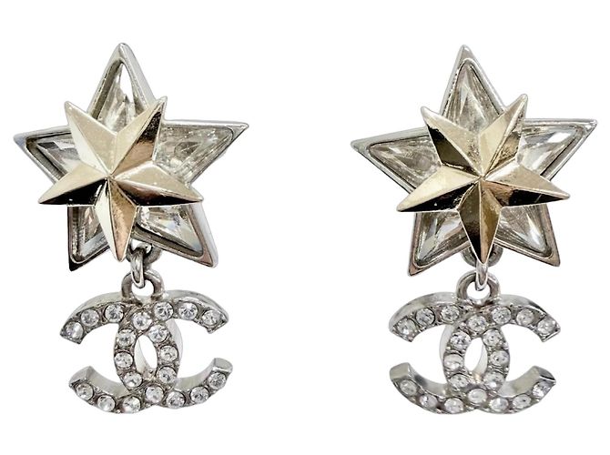 Orecchini Chanel C23S ABA907 Coco Mark Rhinestone Strass Stella Crystal Swing Argento D'oro