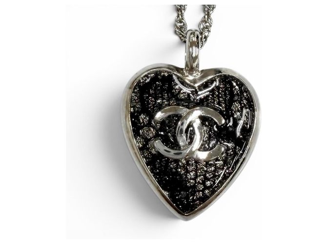 Chanel C24K Coco Mark Herz Spitzenhalskette Schwarz Silber