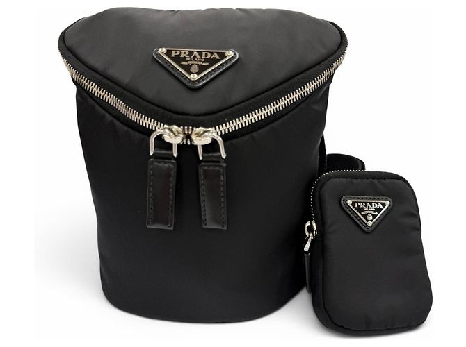 Prada Nylon Leather Re-Nylon Triangle Logo Plate Shoulder Bag Black